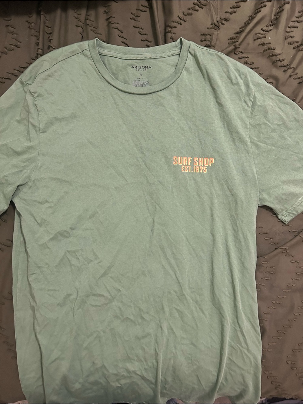 Arizona Jean Company Short Sleeve Tee in Light Sage with 'Surf Shop' Graphic